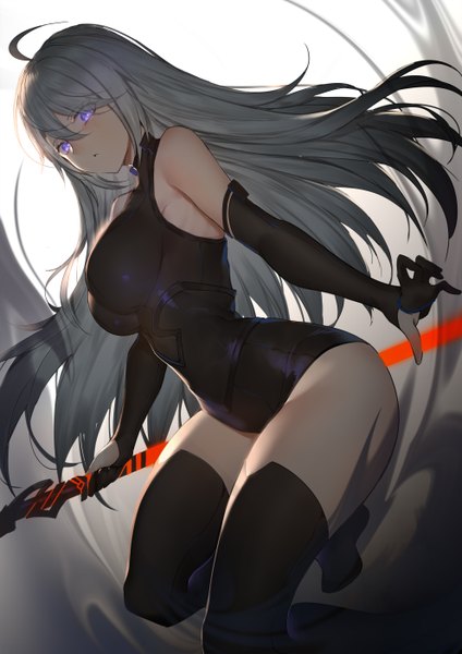 Anime picture 1984x2806 with original horz single long hair tall image looking at viewer fringe highres breasts light erotic hair between eyes large breasts purple eyes bare shoulders holding payot full body ahoge bent knee (knees) grey hair
