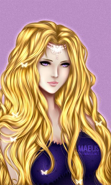 Anime picture 540x900 with original m-aelis single long hair tall image simple background blonde hair purple eyes signed looking away lips purple background girl clothes