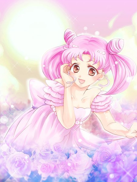 Anime picture 864x1152 with bishoujo senshi sailor moon toei animation chibiusa princess usagi small lady single long hair tall image open mouth simple background twintails brown eyes pink hair hair bun (hair buns) leaning leaning forward adjusting hair girl dress flower (flowers) rose (roses)