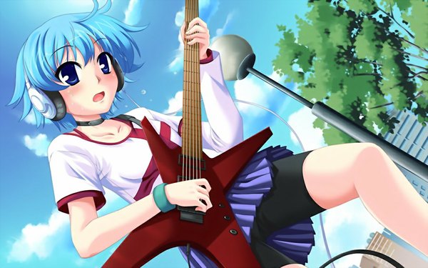 Anime picture 1024x640 with doinaka channel 5 mikagami ren short hair open mouth blue eyes wide image blue hair game cg girl headphones