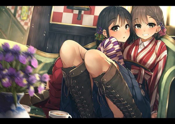 Anime picture 2039x1450 with original waterdog looking at viewer blush highres short hair light erotic black hair smile brown hair sitting multiple girls brown eyes bent knee (knees) indoors braid (braids) traditional clothes japanese clothes :o grin