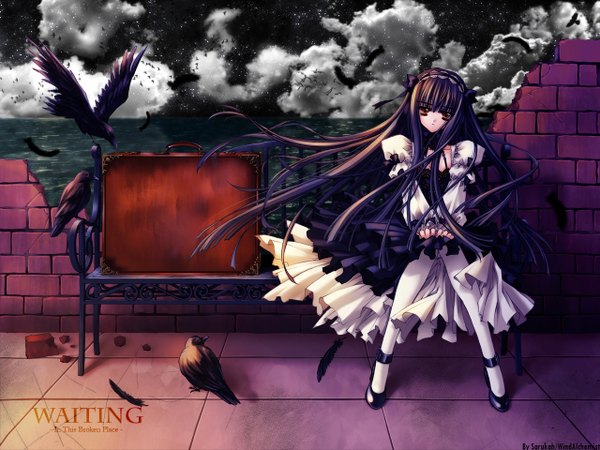 Anime picture 1280x960 with the sanctuary knocker phi (the sanctuary knocker) carnelian single looking at viewer black hair sitting brown eyes very long hair inscription night wallpaper night sky third-party edit goth-loli gothic girl dress hair ornament animal