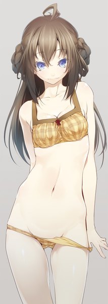 Anime picture 700x1956 with kantai collection kongou battleship nilitsu single long hair tall image looking at viewer breasts blue eyes light erotic simple background brown hair ahoge grey background hair bun (hair buns) underwear only undressing girl navel underwear