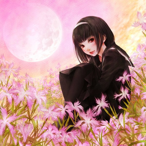 Anime picture 900x900 with original enta shiho single looking at viewer blush fringe short hair black hair smile red eyes sitting bent knee (knees) pleated skirt lips girl skirt uniform flower (flowers) pantyhose serafuku