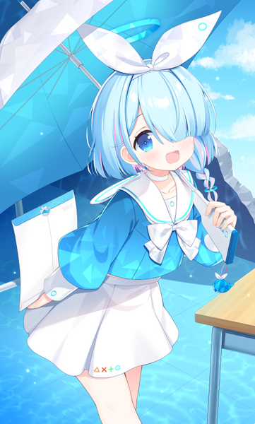 Anime picture 482x800 with blue archive arona (blue archive) ikataruto single tall image looking at viewer fringe short hair open mouth blue eyes blue hair braid (braids) :d from above hair over one eye loli side braid girl uniform ribbon (ribbons)