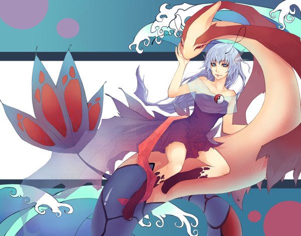 Anime picture 1280x1003 with pokemon touhou nintendo cirno milotic unodu long hair blue eyes sitting blue hair gen 3 pokemon girl animal sea wave (waves)