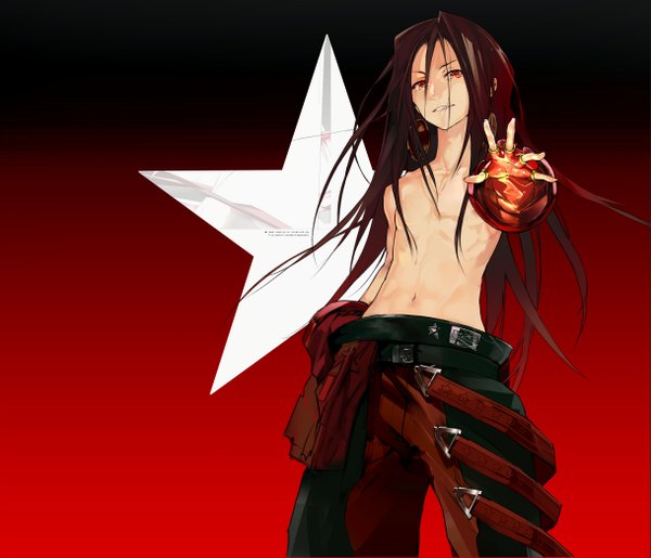 Anime picture 2435x2092 with shaman king xebec asakura hao nil (artist) single long hair looking at viewer highres black hair simple background smile red eyes bare shoulders piercing boy gloves elbow gloves belt star (symbol) jewelry