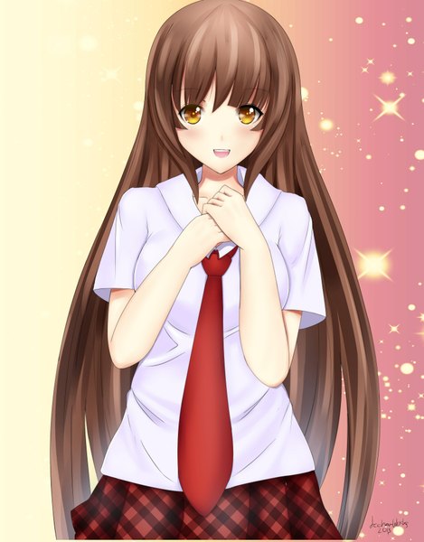 Anime picture 1600x2047 with original chiyo goya single long hair tall image looking at viewer blush open mouth smile brown hair signed orange eyes plaid skirt girl uniform school uniform necktie