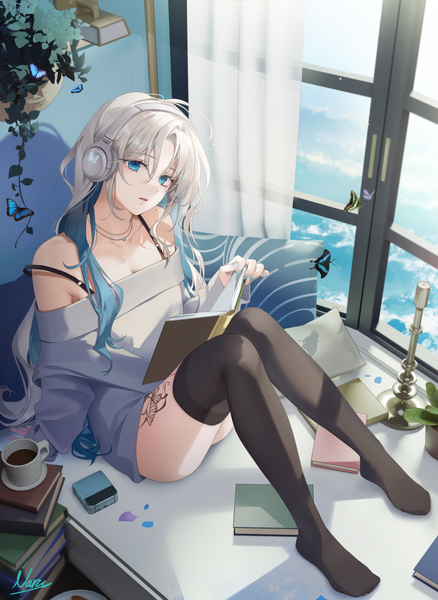 Anime picture 1300x1779 with original naru single long hair tall image looking at viewer fringe open mouth blue eyes hair between eyes sitting bare shoulders signed silver hair full body ahoge bent knee (knees) indoors long sleeves nail polish