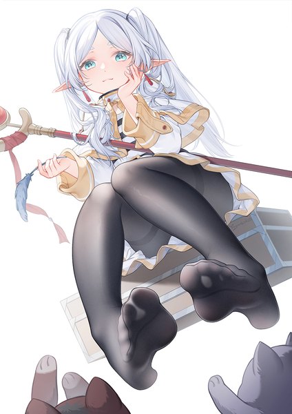 Anime picture 1000x1416 with sousou no frieren frieren suaynnai wanzi single long hair tall image looking at viewer light erotic simple background white background sitting twintails silver hair full body aqua eyes pointy ears from below no shoes elf head rest