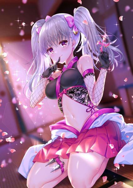 Anime picture 2894x4093 with original asakishoten single long hair tall image looking at viewer blush fringe highres breasts smile hair between eyes large breasts sitting purple eyes twintails bare shoulders holding silver hair indoors