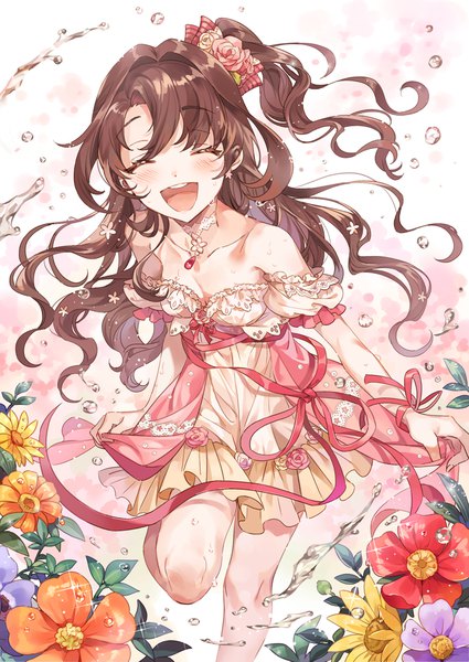 Anime picture 800x1130 with idolmaster idolmaster cinderella girls shimamura uzuki inzup single long hair tall image blush open mouth brown hair bent knee (knees) eyes closed sparkle one side up happy ^ ^ peaceful days girl dress hair ornament