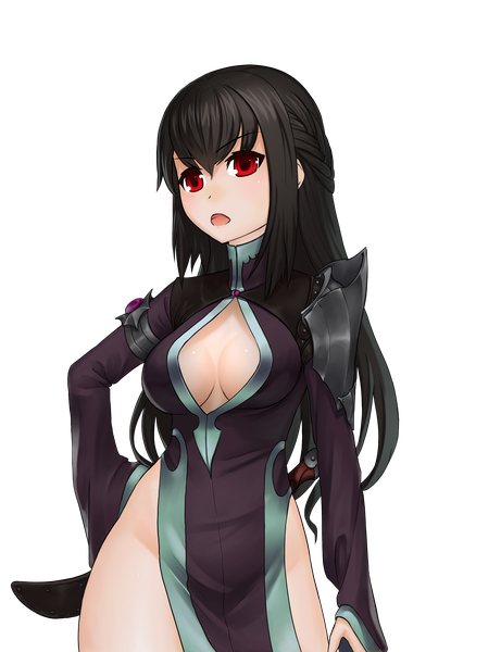 Anime picture 2160x2811 with forgotten-wings single long hair tall image fringe highres open mouth light erotic black hair red eyes cleavage no panties transparent background girl clothes