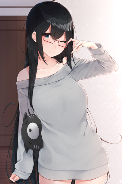 Anime picture 2500x3765 with original yukichi (sukiyaki39) single tall image looking at viewer blush fringe highres breasts blue eyes black hair smile hair between eyes standing bare shoulders indoors very long hair one eye closed lens flare sleeves past wrists