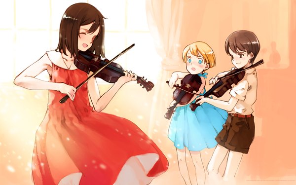 Anime picture 1920x1200 with littlewitch oyari ashito highres short hair open mouth blue eyes blonde hair brown hair wide image multiple girls brown eyes indoors sleeveless playing instrument girl dress boy 2 girls shorts red dress
