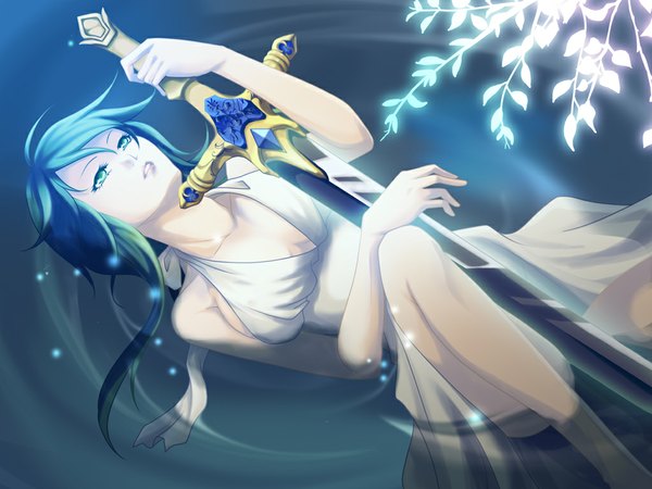 Anime picture 1024x768 with vocaloid gumi rebelizm single long hair bare shoulders lying aqua eyes lips from behind aqua hair girl sword water