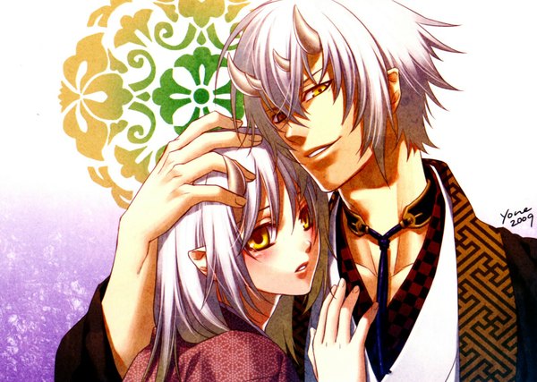 Anime picture 1600x1140 with hakuouki shinsengumi kitan studio deen chizuru yukimura chikage kazama yone kazuki short hair yellow eyes silver hair white hair horn (horns) pointy ears couple hand on head oni horns samurai girl boy