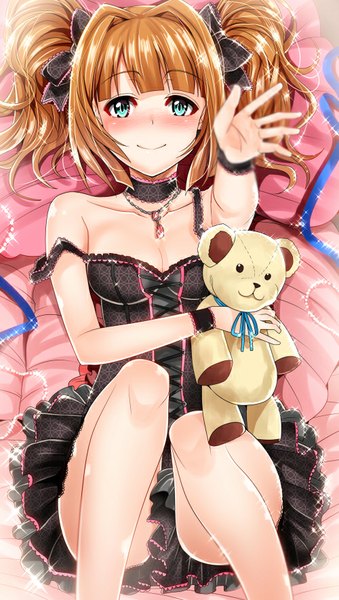 Anime picture 500x884 with idolmaster takatsuki yayoi inu (marukome) single tall image looking at viewer blush fringe short hair breasts blue eyes light erotic twintails bent knee (knees) orange hair legs outstretched arm girl dress bow