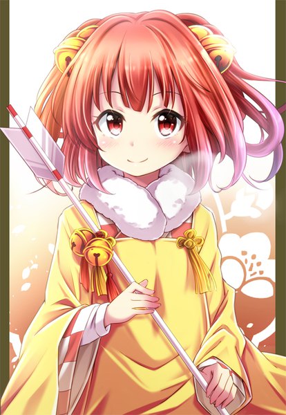 Anime picture 552x800 with touhou motoori kosuzu sui. (ayase) single long hair tall image looking at viewer blush fringe smile red eyes holding upper body red hair traditional clothes two side up hair bell girl fur bell