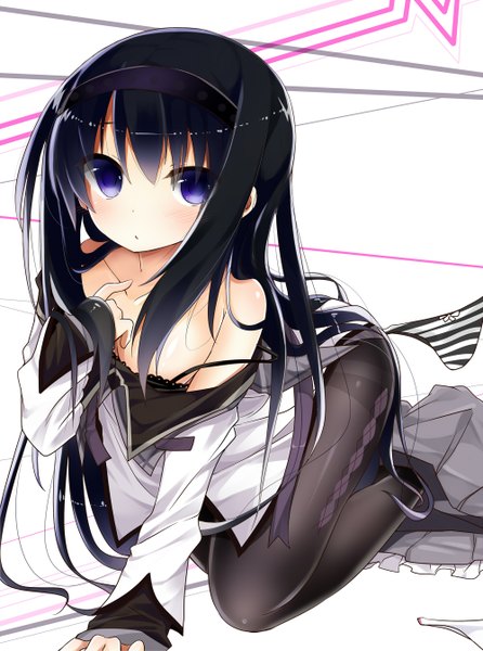 Anime picture 1000x1344 with mahou shoujo madoka magica shaft (studio) akemi homura kazu kakao single long hair tall image light erotic black hair purple eyes girl pantyhose hairband