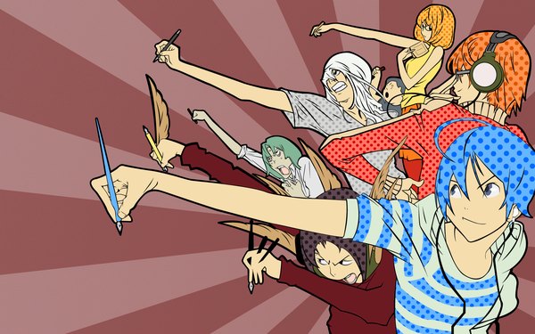 Anime picture 1920x1200 with bakuman. j.c. staff mashiro moritaka akito takagi fukuda shinta nizuma eiji aoki yuriko kazuya hiramaru nakai takuro obata takeshi highres blue eyes simple background wide image blue hair white hair green hair orange hair group girl