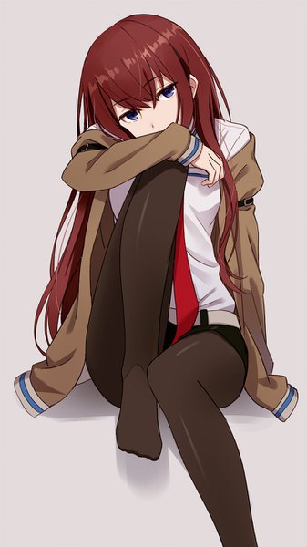 Anime picture 750x1334 with steins;gate white fox makise kurisu hyuuga azuri single long hair tall image looking at viewer fringe simple background brown hair sitting purple eyes long sleeves grey background no shoes covered mouth hand on knee legwear under shorts girl