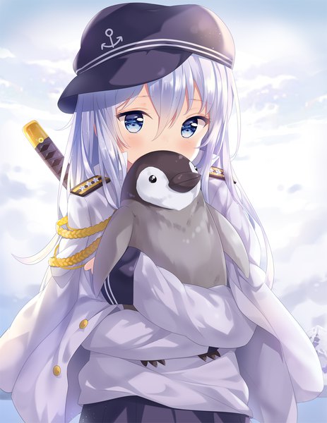 Anime-Bild 1020x1320 mit kantai collection hibiki destroyer hitsukuya single long hair tall image looking at viewer blush fringe blue eyes hair between eyes holding sky silver hair cloud (clouds) embarrassed crossed arms covered mouth girl uniform