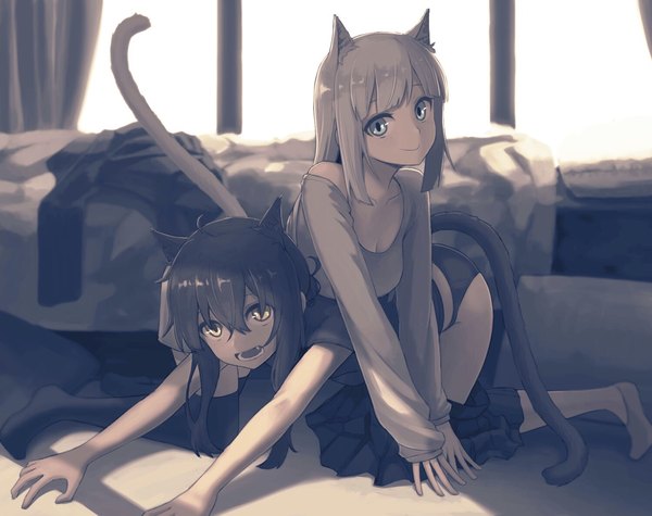 Anime picture 1501x1188 with original amekaze yukinatsu long hair looking at viewer fringe open mouth light erotic smile hair between eyes multiple girls animal ears indoors tail animal tail cat ears cat girl cat tail depth of field monochrome on all fours