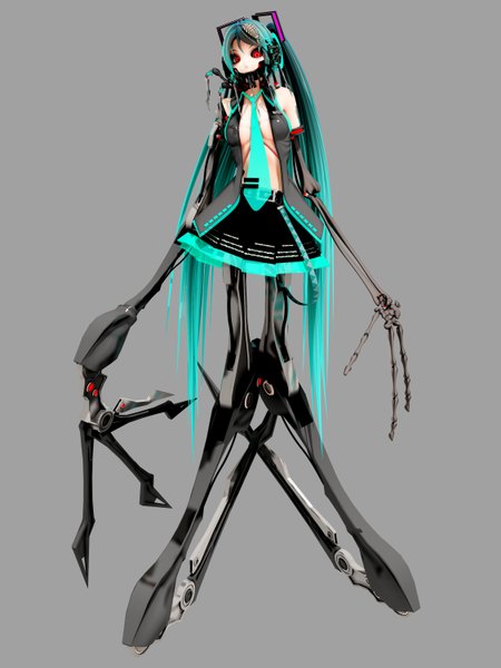Anime picture 2250x3000 with vocaloid bacterial contamination (vocaloid) hatsune miku calcium single tall image highres red eyes twintails very long hair multicolored hair open clothes mechanical girl skirt detached sleeves necktie