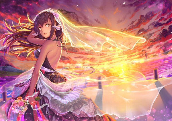 Anime picture 2126x1503 with azur lane mikasa (azur lane) yami kumo single long hair looking at viewer fringe highres breasts open mouth hair between eyes brown hair standing bare shoulders holding brown eyes payot sky cloud (clouds) looking back