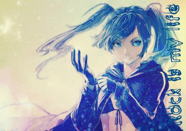 Anime picture 1280x905 with black rock shooter black rock shooter (character) wuliao555 single long hair highres blue eyes black hair simple background white background twintails absurdres open clothes open jacket glowing glowing eye (eyes) dressing girl gloves jacket