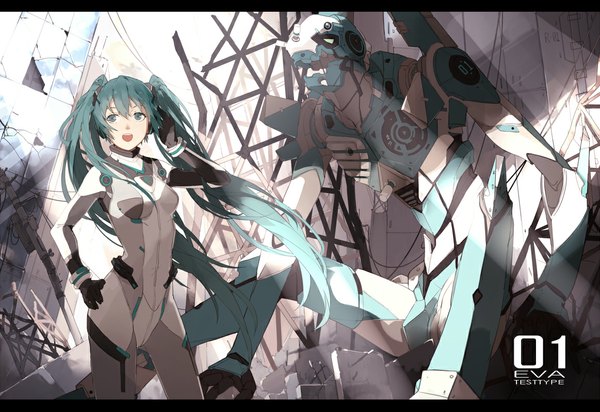 Anime picture 1163x800 with neon genesis evangelion vocaloid gainax hatsune miku eva 01 nine (liuyuhao1992) single long hair open mouth twintails looking away inscription cosplay ruins girl gloves building (buildings) bodysuit mecha