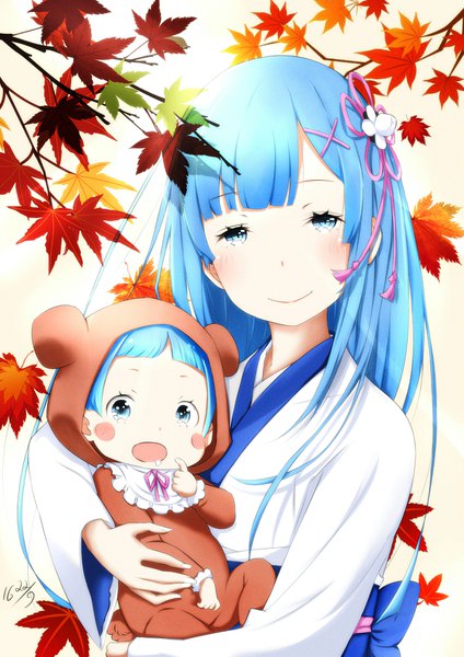 Anime picture 1240x1754 with re:zero kara hajimeru isekai seikatsu white fox rem (re:zero) natsuki spica uart long hair tall image looking at viewer blush fringe open mouth blue eyes smile multiple girls blue hair blunt bangs traditional clothes japanese clothes dated mother and daughter