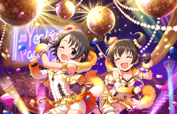 Anime picture 1280x824 with idolmaster idolmaster cinderella girls idolmaster cinderella girls starlight stage sasaki chie akagi miria looking at viewer blush fringe short hair open mouth black hair smile brown hair twintails bare shoulders multiple girls tail braid (braids) eyes closed one eye closed