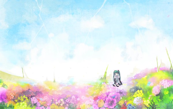 Anime picture 1280x808 with vocaloid hatsune miku sky field girl flower (flowers)