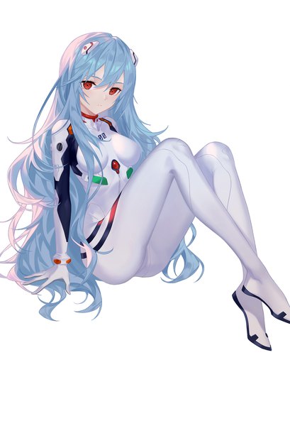 Anime picture 2117x3103 with neon genesis evangelion rebuild of evangelion evangelion: 3.0+1.0 thrice upon a time gainax ayanami rei littleamber single long hair tall image fringe highres simple background hair between eyes red eyes white background sitting blue hair full body girl bodysuit