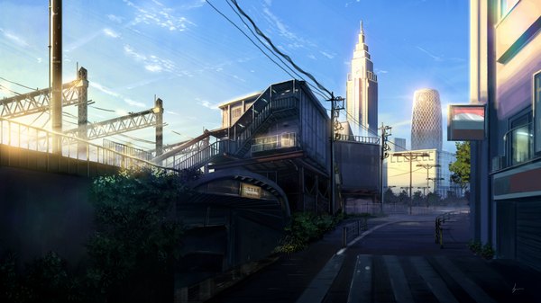 Anime picture 1920x1080 with original niko p highres wide image signed sky wallpaper city no people landscape scenic crosswalk building (buildings) power lines road
