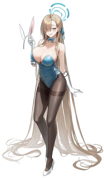 Anime picture 1800x3059 with blue archive asuna (blue archive) asuna (bunny) (blue archive) meoyo single tall image looking at viewer fringe highres breasts blue eyes light erotic simple background blonde hair smile standing white background holding animal ears full body