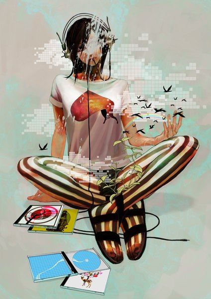 Anime picture 1403x1985 with original taki (artist) single tall image short hair brown hair sitting tattoo mouth hold boy plant (plants) animal headphones bird (birds) pants wire (wires) rainbow