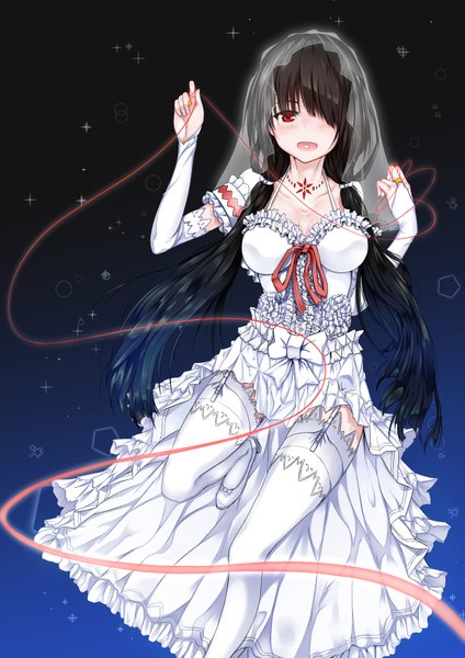 Anime picture 1240x1754 with date a live tokisaki kurumi kagura ren single long hair tall image blush fringe open mouth black hair red eyes twintails hair over one eye girl thighhighs dress white thighhighs frills white dress wedding dress