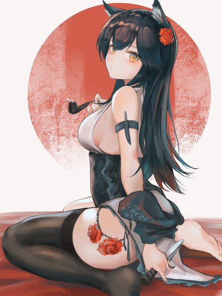 Anime picture 800x1066 with arknights texas (arknights) eyyy single long hair tall image looking at viewer blush fringe breasts light erotic black hair simple background hair between eyes sitting bare shoulders holding animal ears hair flower orange eyes