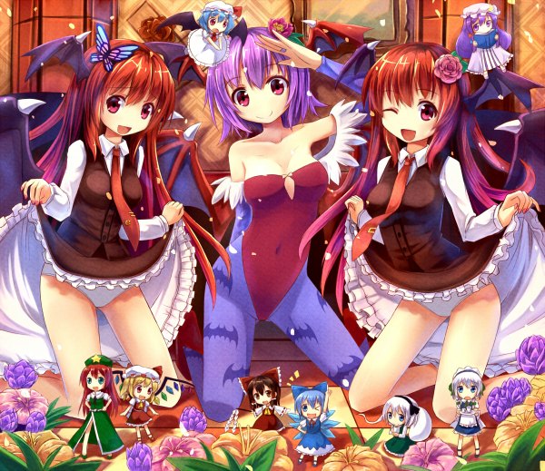 Anime picture 1200x1038 with touhou vampire / darkstalkers (game) hakurei reimu flandre scarlet remilia scarlet izayoi sakuya konpaku youmu patchouli knowledge cirno hong meiling koakuma lilith aensland hoshi no gen long hair short hair blue eyes light erotic blonde hair smile brown hair