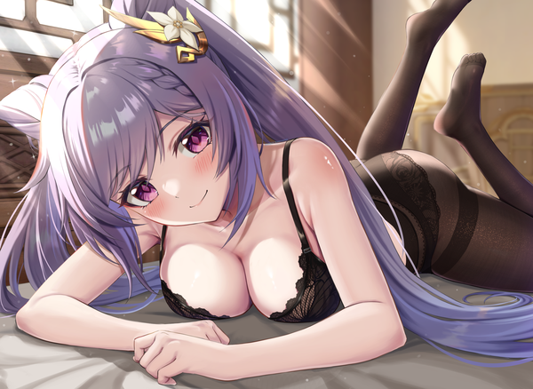 Anime picture 3460x2524 with genshin impact keqing (genshin impact) ponnyu12 single long hair looking at viewer blush fringe highres breasts light erotic smile large breasts purple eyes absurdres cleavage purple hair indoors lying head tilt