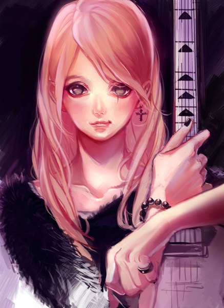 Anime picture 1536x2106 with si (pixiv) single long hair tall image blush simple background pink hair nail polish grey eyes black background musician girl earrings fur ring cross beads guitar