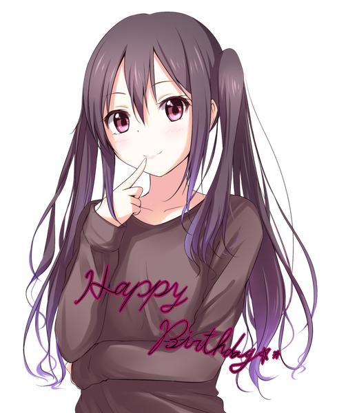 Anime picture 816x1000 with k-on! kyoto animation nakano azusa yuki (sangeki5806) single long hair tall image looking at viewer blush fringe black hair simple background smile twintails pink eyes inscription grey background finger to mouth girl