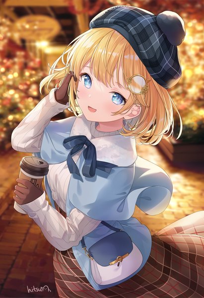 Anime picture 959x1400 with virtual youtuber hololive hololive english watson amelia hitsukuya single tall image looking at viewer blush fringe short hair open mouth blue eyes blonde hair smile standing holding signed outdoors long sleeves