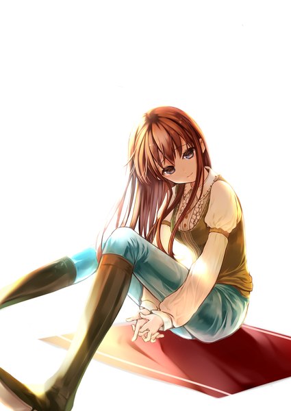 Anime picture 2149x3035 with original cube (maryquant) single long hair tall image looking at viewer highres blue eyes brown hair white background sitting girl boots jeans blue jeans