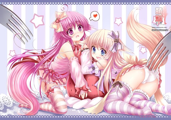 Anime picture 1600x1124 with original obiwan blush open mouth blue eyes light erotic blonde hair purple eyes multiple girls pink hair ass girl thighhighs underwear panties bow 2 girls hair bow detached sleeves striped thighhighs