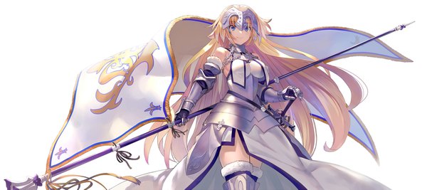 Anime picture 1650x735 with fate (series) fate/apocrypha jeanne d'arc (fate) (all) jeanne d'arc (fate) shirabi single long hair breasts blue eyes blonde hair simple background smile wide image white background bare shoulders holding girl armor fur gauntlets