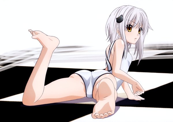 Anime picture 6994x4908 with highschool dxd toujou koneko miyama zero mishima hiroji single highres short hair open mouth light erotic brown eyes absurdres white hair barefoot scan official art bare legs checkered floor girl hair ornament swimsuit